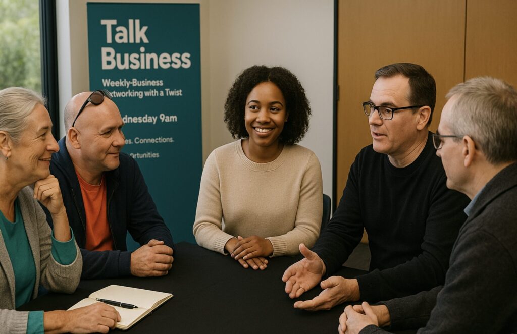 A diverse group of five people sit around a black table in a bright, casual meeting room. They’re engaged in friendly conversation, with one woman smiling as she speaks. Behind them, a teal sign reads “Talk Business – Weekly Business Networking with a Twist,” reinforcing the event’s purpose.